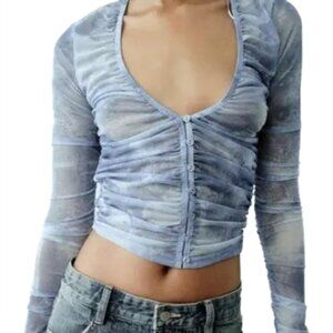 Zara Sky Blue Ruched Plunge Button Down crop Blouse ruched bodice and sleeves L